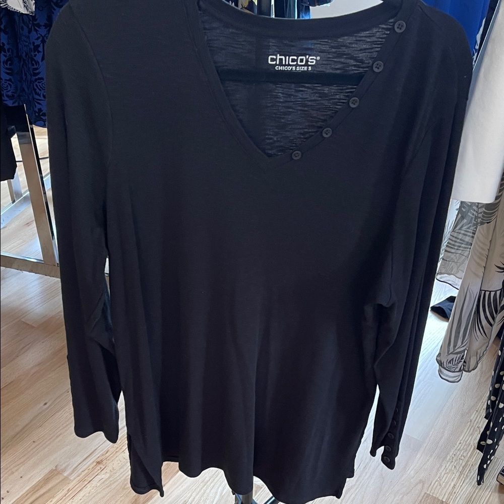 Chico's Classic Black Long Sleeve Tee Button Accents
